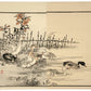 estampe japonaise encadrée de Kono Bairei, canards et oies au bord d'une mare. 