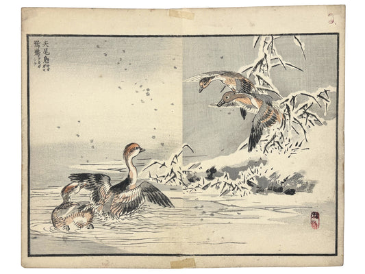 Estampe Japonaise de Kono Bairei avec canards mandarins et fuligules milouinans dans la neige