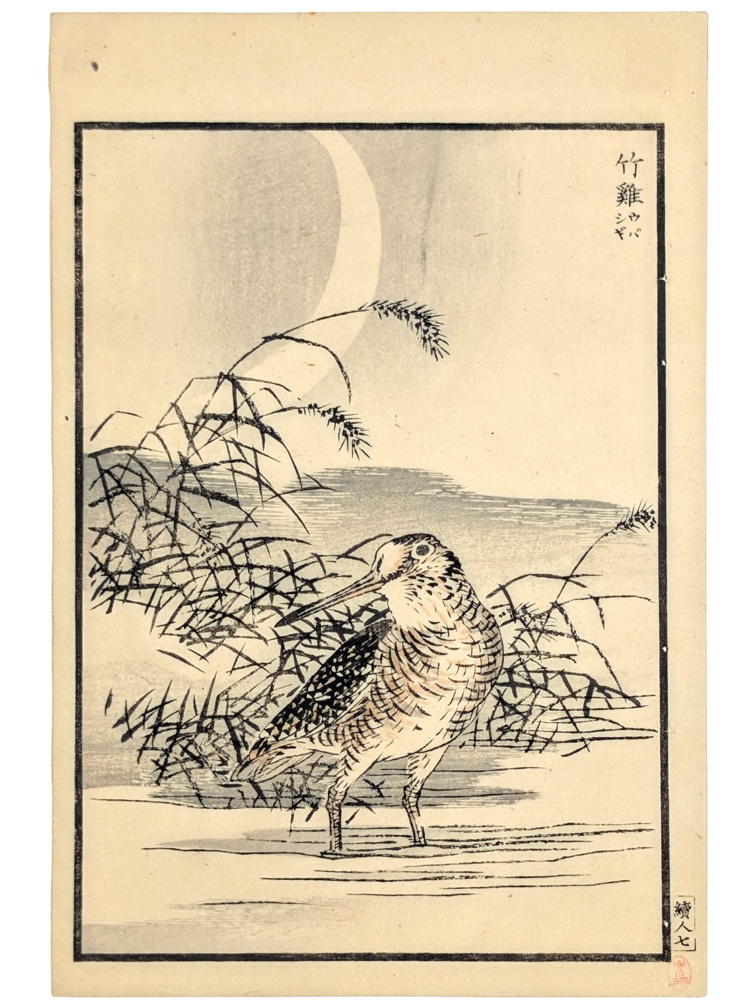 Estampe Japonaise de Kōno Bairei montrant un bécasseau de l'Anadyr au clair de lune