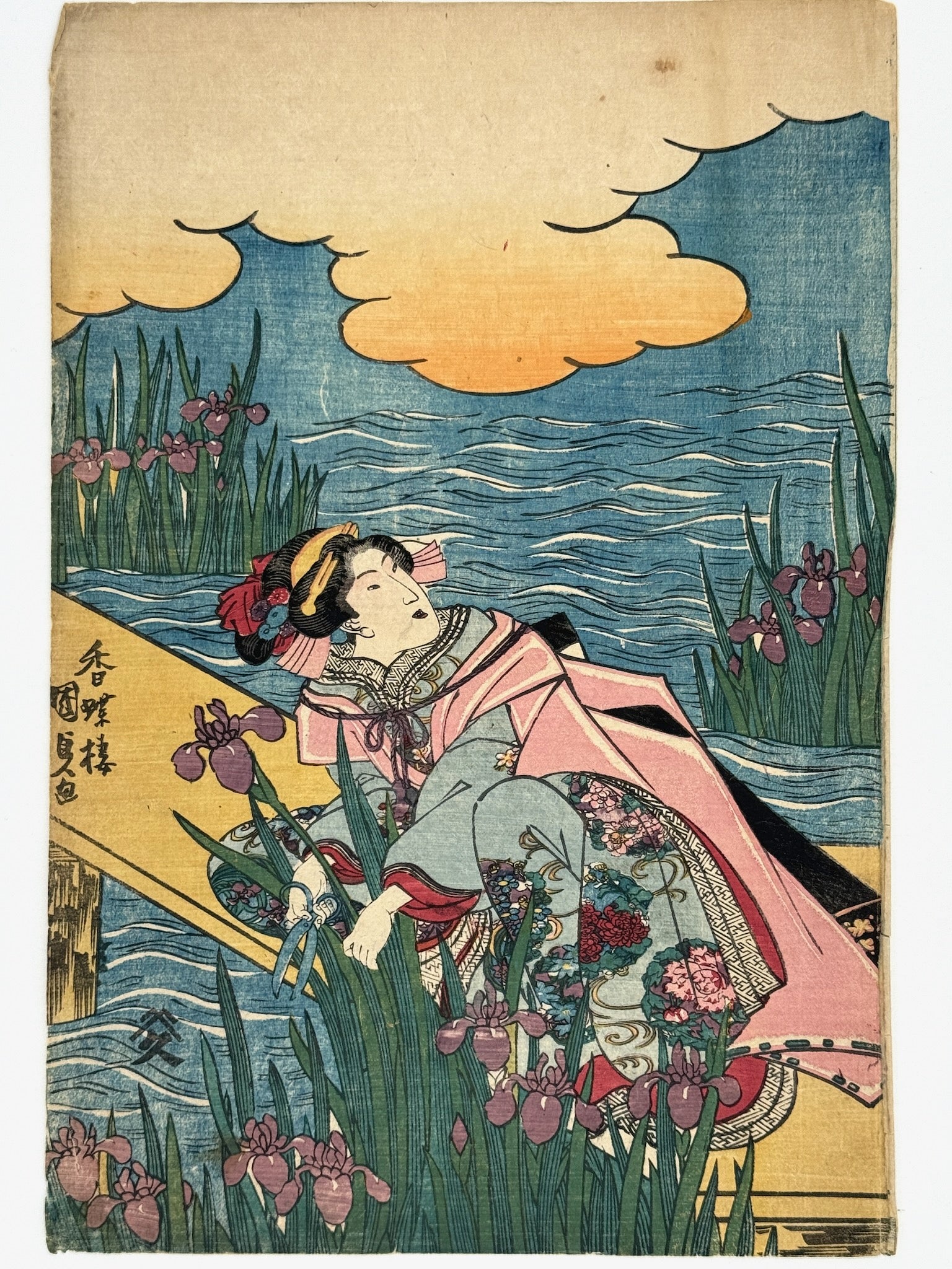 Estampe Japonaise de Kunisada | Printemps sur un ponton aux iris partie gauche