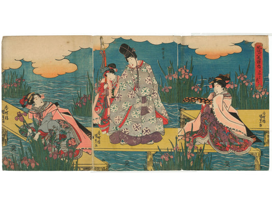 Estampe Japonaise de Kunisada | Printemps sur un ponton aux iris triptyque