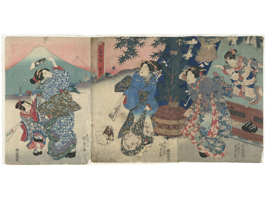 estampe japonaise en triptyque de Kunisada, femmes jouant au Hanetsuki, avec raquettes et volant devant le Mont Fuji
