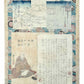 Estampe Japonaise de Kunisada représentant son autoportrait entouré de poèmes et d'éléments biographiques, page titre de la série des 36 courtisanes de renom, le verso