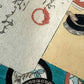 Estampe Japonaise de Kunisada représentant son autoportrait entouré de poèmes et d'éléments biographiques, page titre de la série des 36 courtisanes de renom, détail sceau et gaufrage