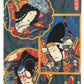 Estampe japonaise de Kunisada, trois portraits d'acteurs de Kabuki dans médaillons
