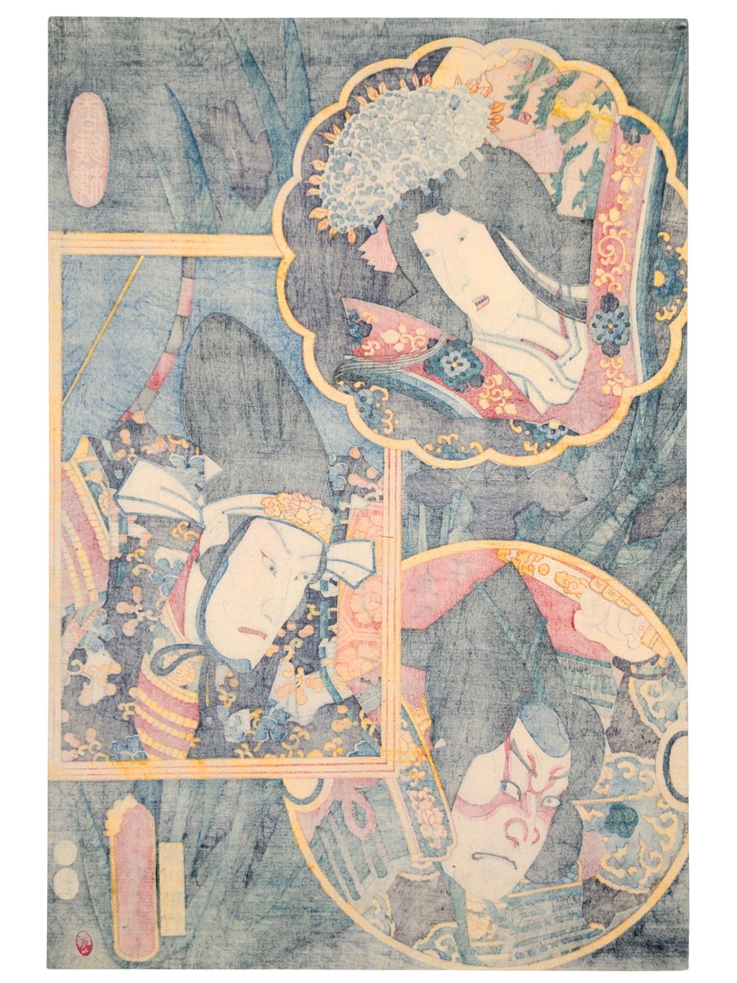Estampe japonaise de Kunisada, trois portraits d'acteurs de Kabuki dans médaillons, verso de l'estampe