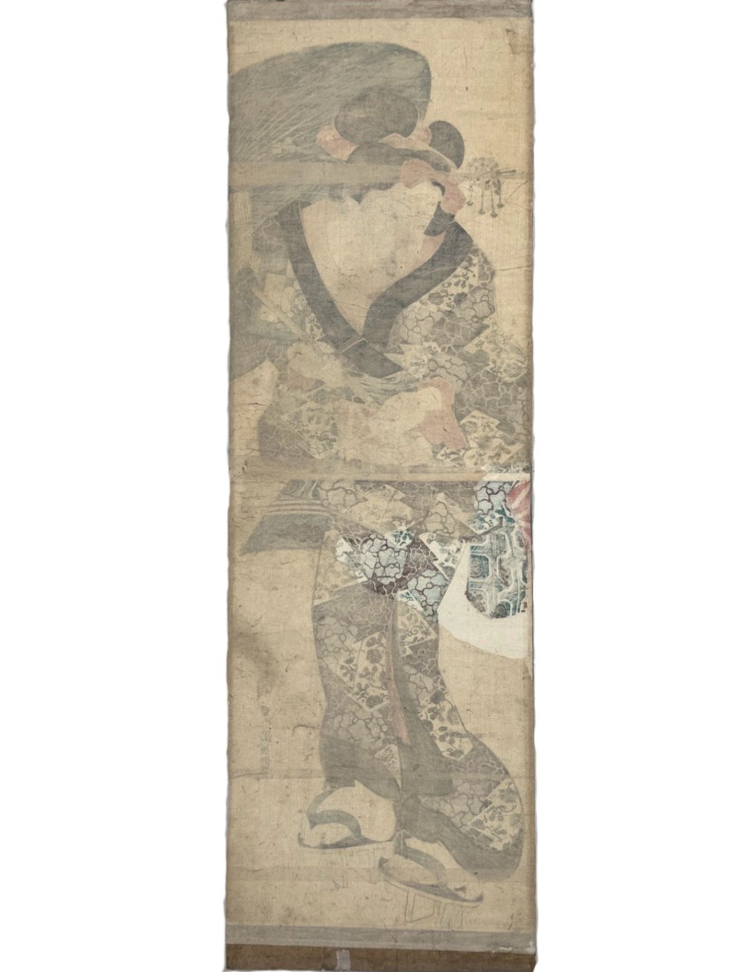Estampe japonaise de Kunisada Toyokuni III en kakemono-e représentant une courtisane marchant sous son ombrelle, le verso