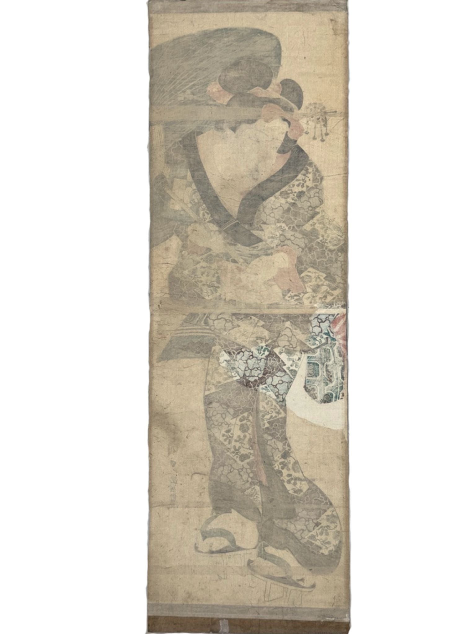 Estampe japonaise de Kunisada Toyokuni III en kakemono-e représentant une courtisane marchant sous son ombrelle, le verso