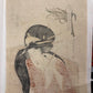 Estampe Japonaise de Tsukimaro Kitagawa, jeune fille allongée pipe à la main, et iris, dos de l'estampe