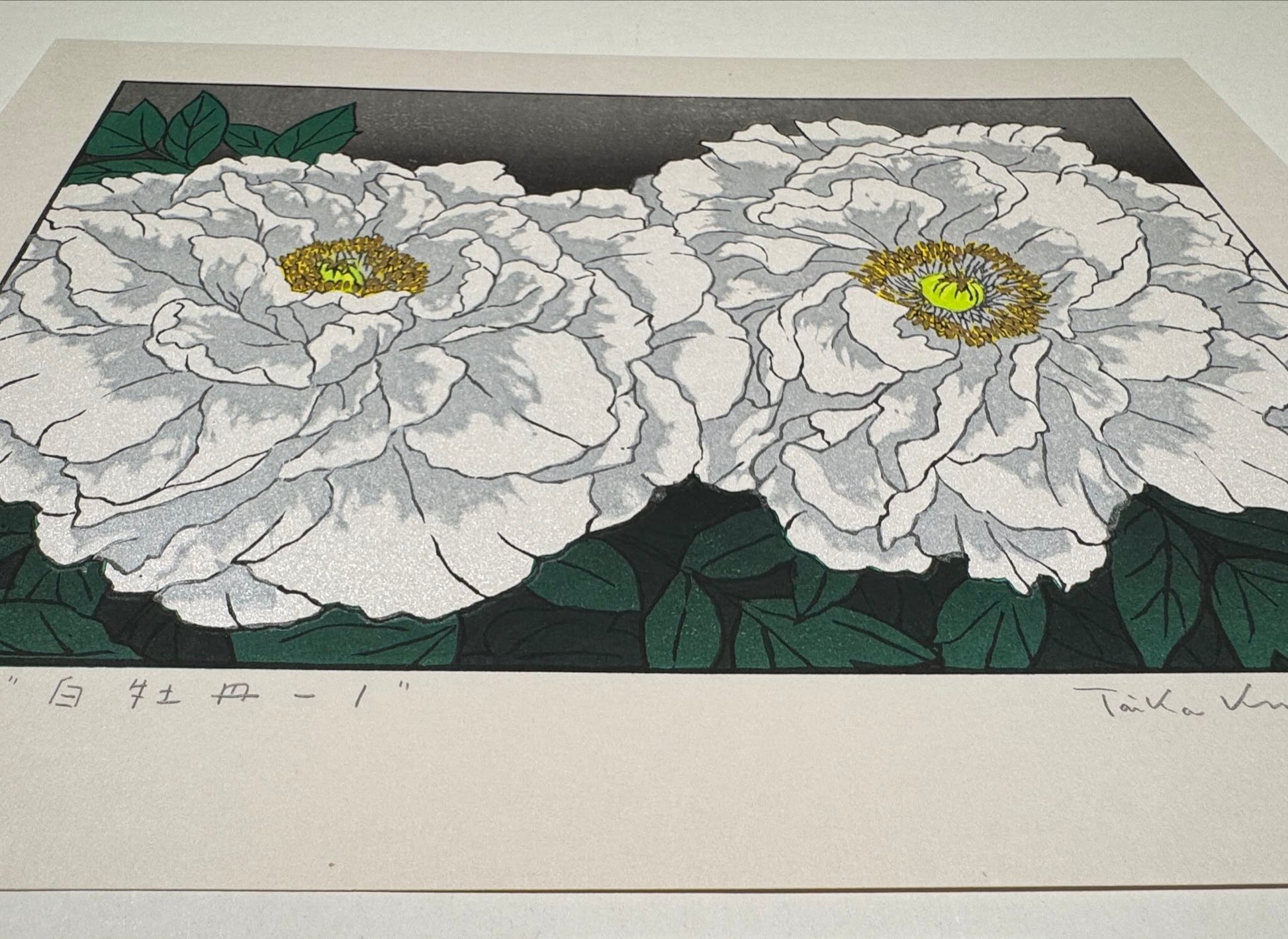 Estampe Japonaise de Kinoshita Taika représentant deux pivoines blanches rehaussées d'encre irisée et de peinture sur fond sombre, détail des reflets irisés