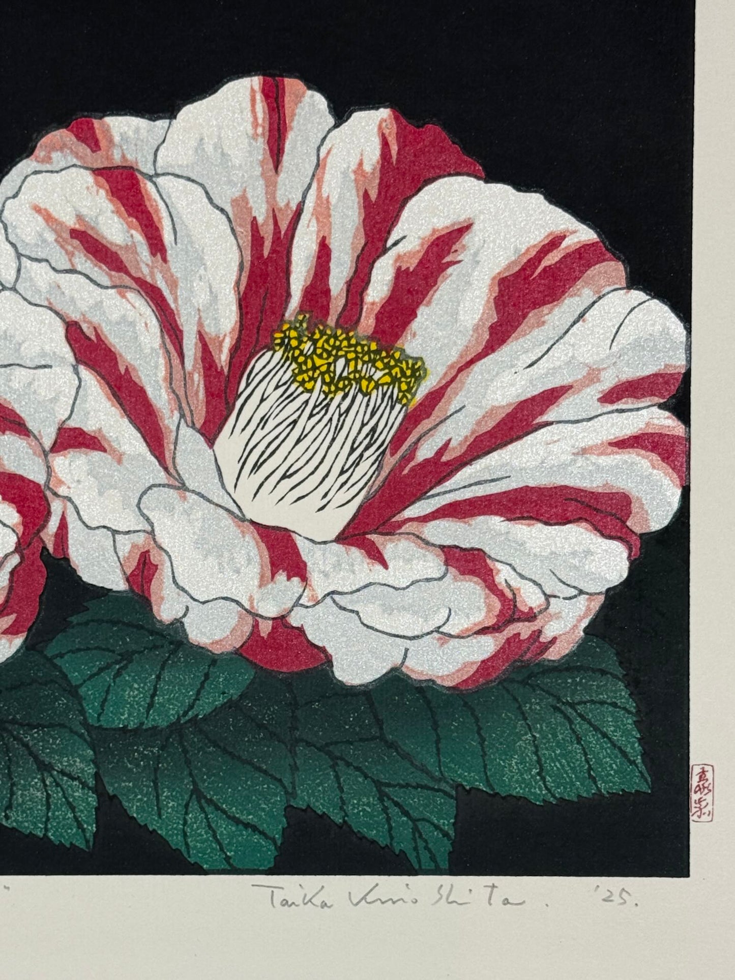 Estampe Japonaise de Kinoshita Taika représentant des camélias Ezo-nishiki rayés rouges et blancs sur fond noir intitulée Here Comes The Sun, détail de la signature et du sceau
