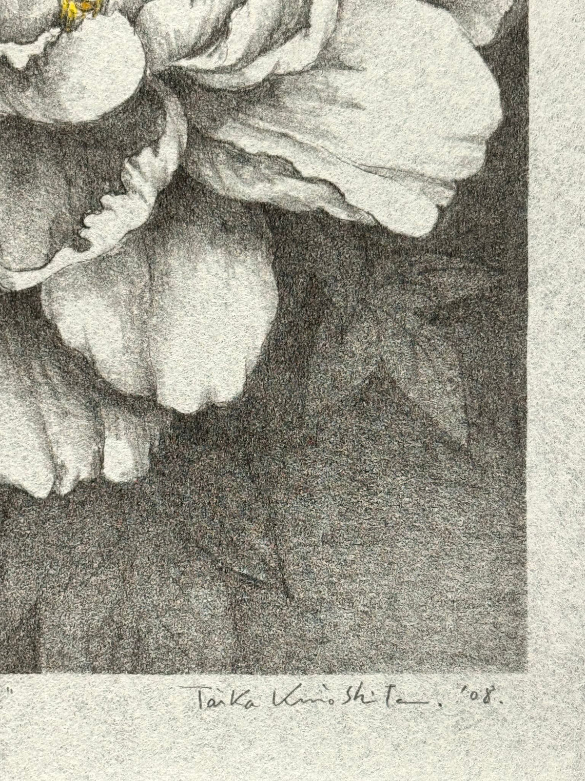 Lithographie japonaise de Kinoshita Taika représentant une pivoine du sanctuaire Izumo-taisha sur papier argenté, détail de la signature