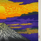 Estampe Japonaise de Kinoshita Taika représentant le soleil dans un ciel jaune aux nuages violets au-dessus le sommet du mont Fuji, détail de la signature et du sceau de l'artiste