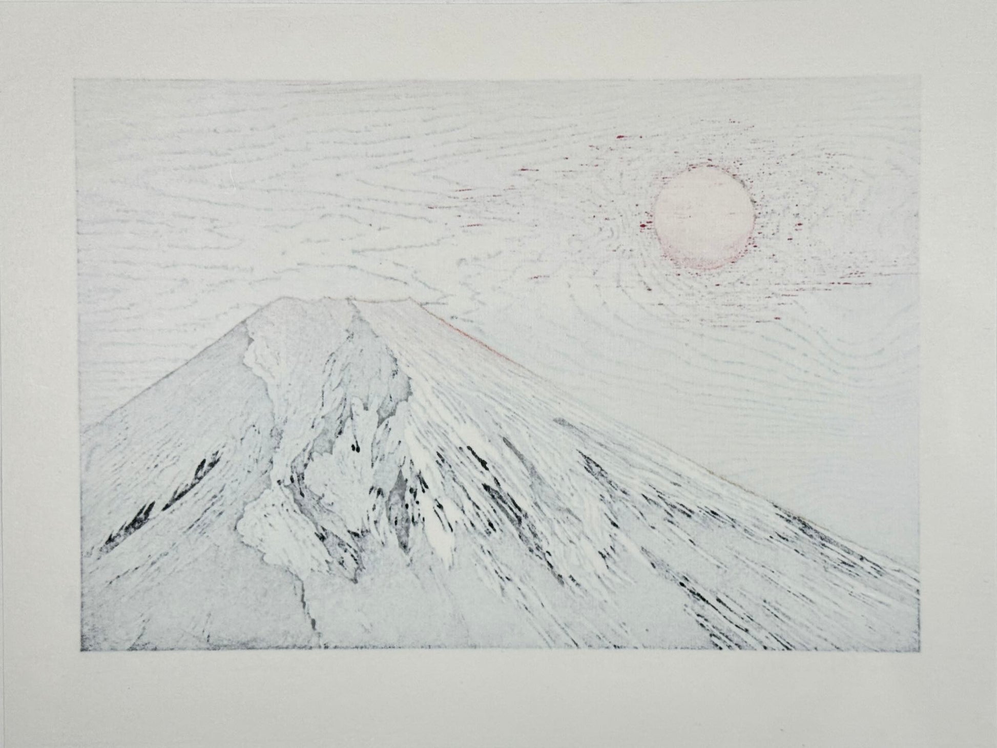 Estampe Japonaise de Kinoshita Taika représentant le sommet du mont Fuji éclairé par un soleil rouge dans un ciel or, le verso