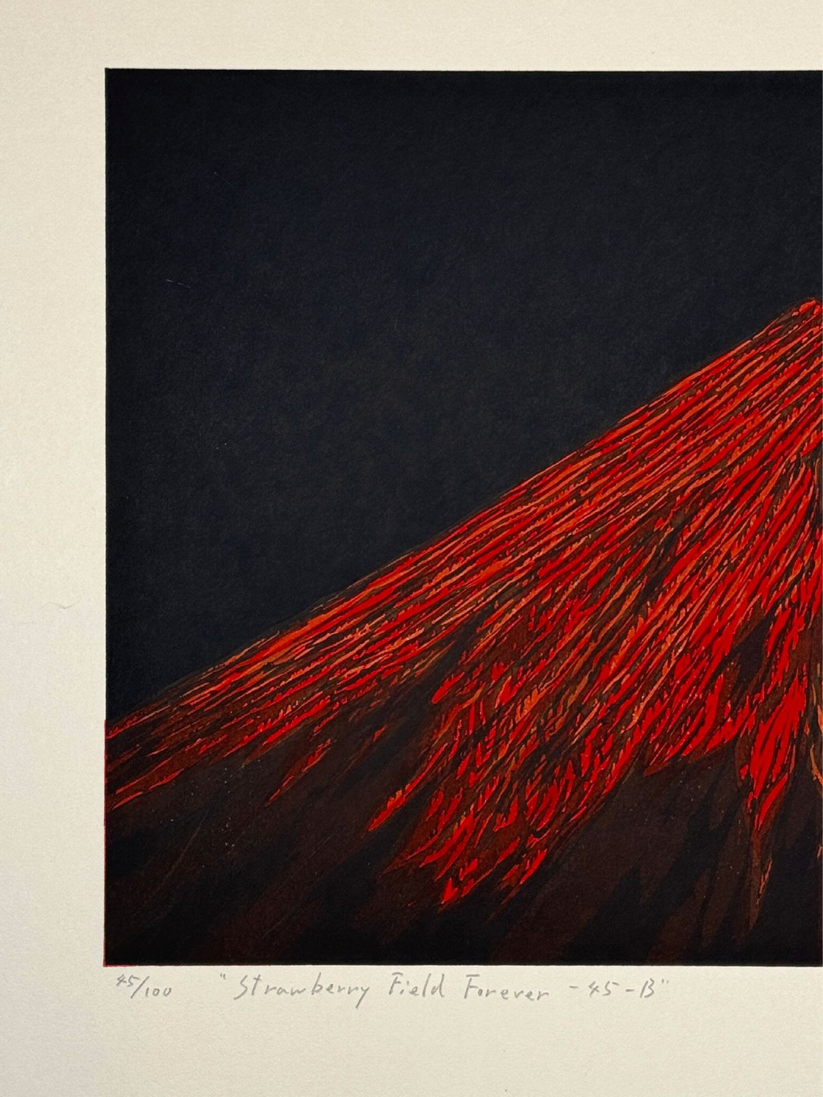 Estampe Japonaise de Kinoshita Taika représentant le sommet du mont Fuji rouge dans le noir de la nuit, la numérotation et le titre en anglais