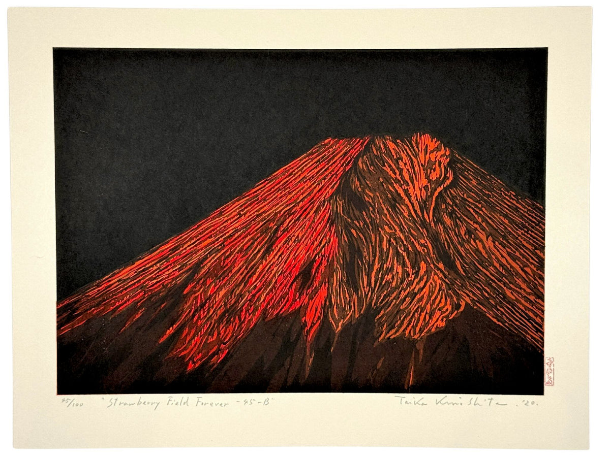Estampe Japonaise de Kinoshita Taika représentant le sommet du mont Fuji rouge dans le noir de la nuit