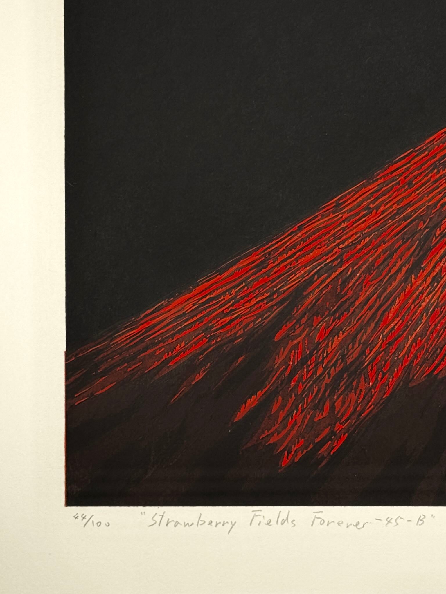 Estampe Japonaise de Kinoshita Taika représentant le sommet du mont Fuji rouge dans le noir de la nuit, détail du numéro de série et du titre