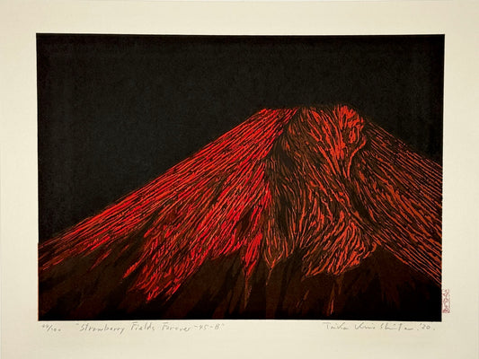 Estampe Japonaise de Kinoshita Taika représentant le sommet du mont Fuji rouge dans le noir de la nuit