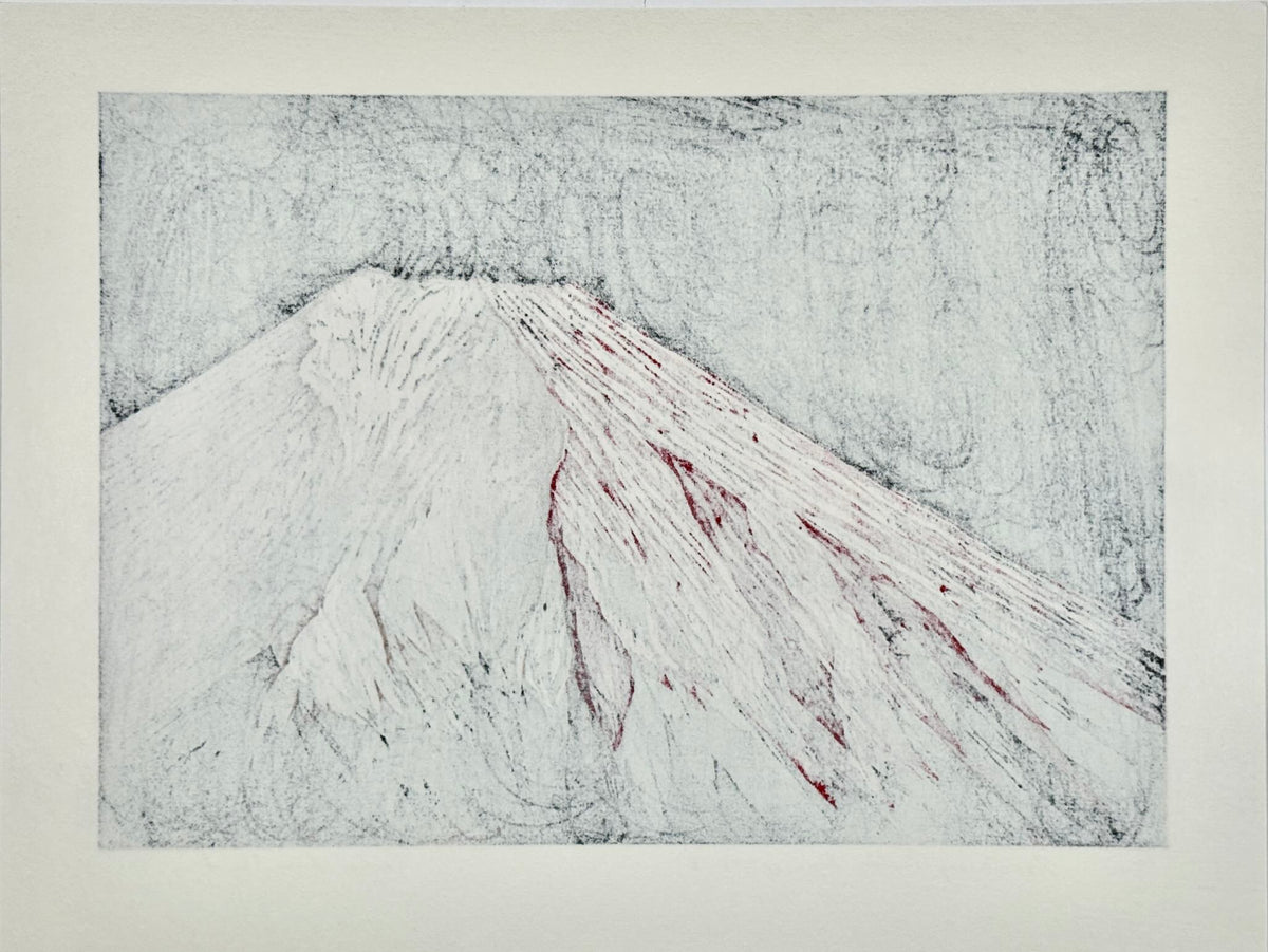 Estampe Japonaise de Kinoshita Taika représentant le sommet du mont Fuji rouge dans le noir de la nuit, le verso