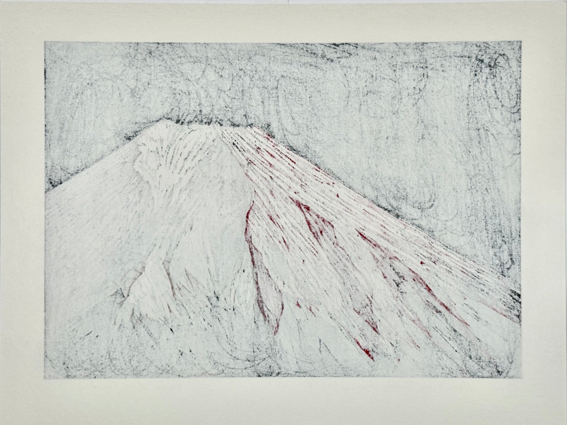 Estampe Japonaise de Kinoshita Taika représentant le sommet du mont Fuji rouge dans le noir de la nuit, le verso