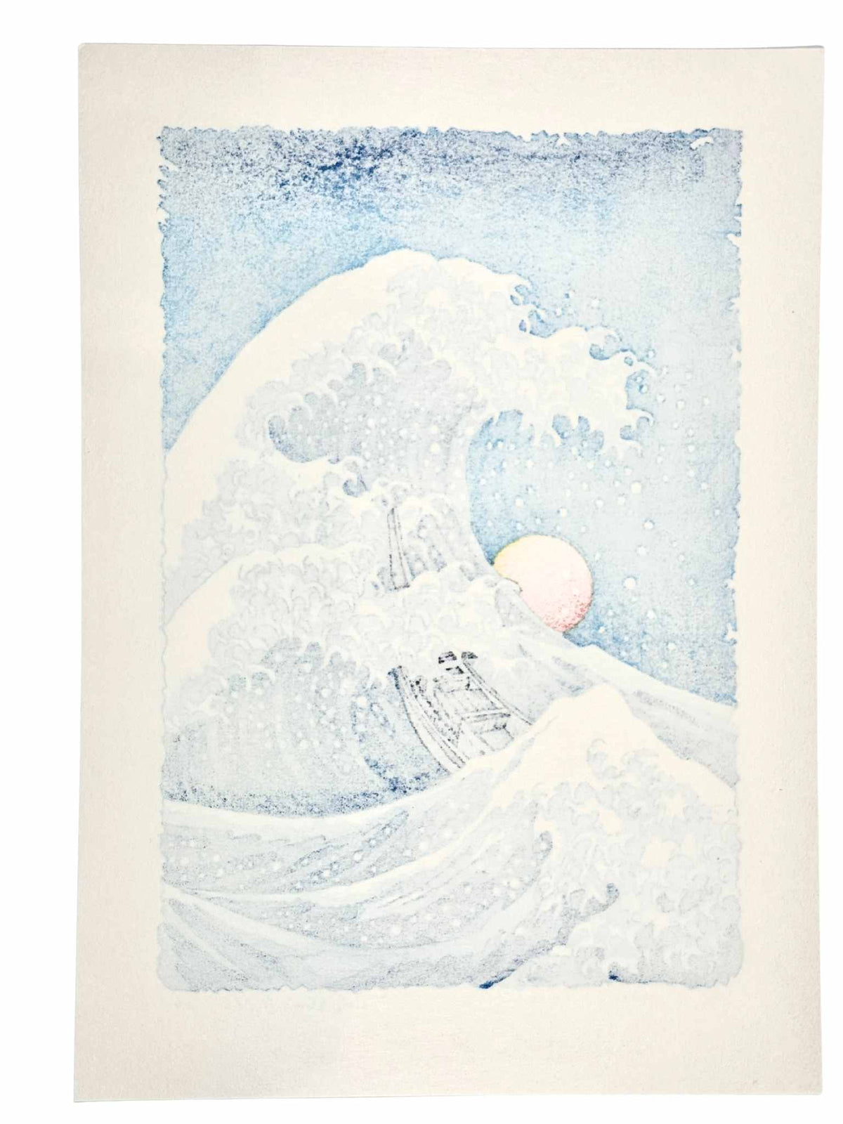 Estampe Japonaise de Kinoshita Taika en hommage à la Grande Vague de Kanagawa de Hokusai représentant une barque emportée par les flots, le verso