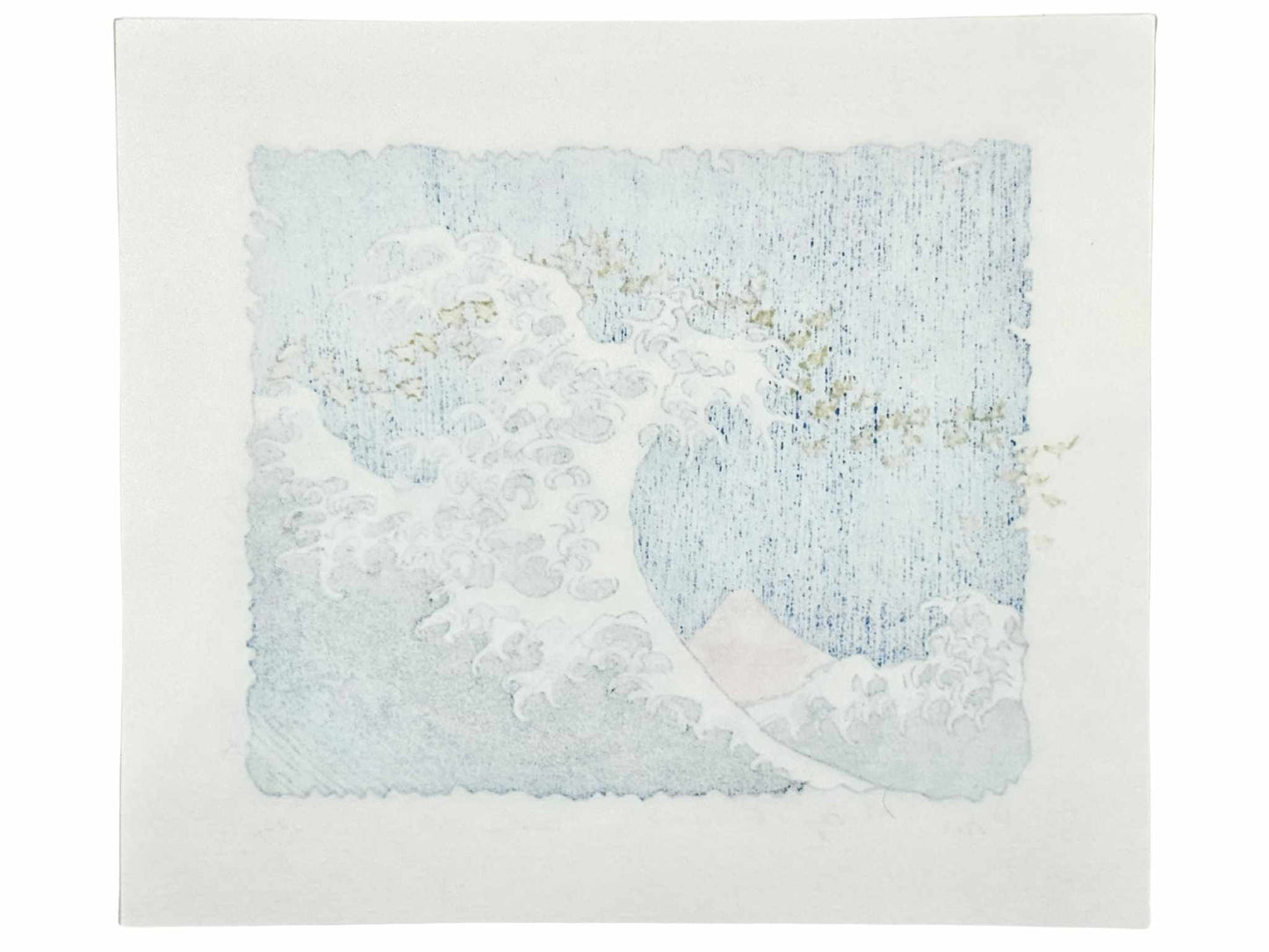 Estampe Japonaise en petit format de Kinoshita Taika rappelant à la fois la Grande Vague de Hokusai et son Fuji rouge, le verso