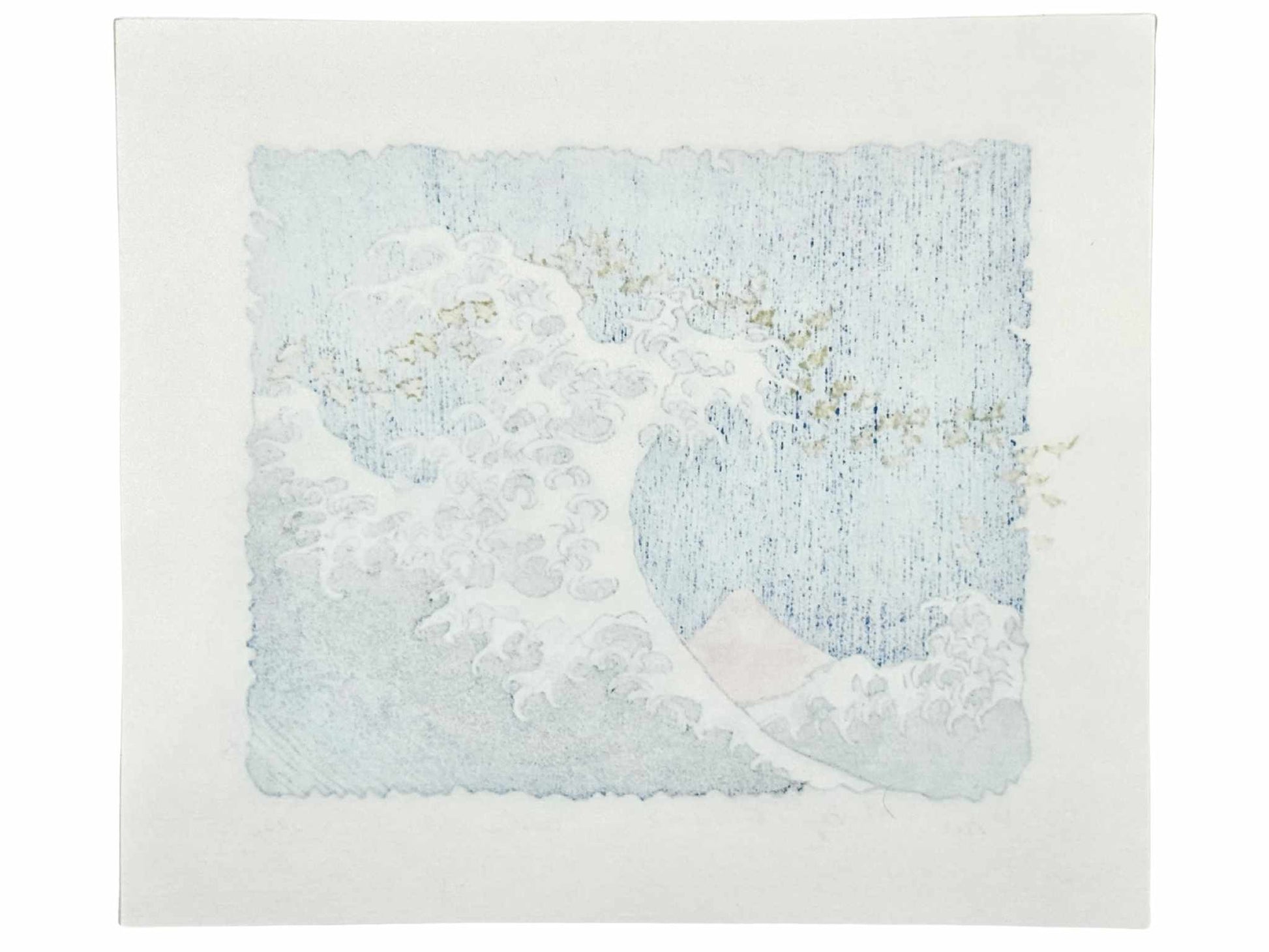 Estampe Japonaise en petit format de Kinoshita Taika rappelant à la fois la Grande Vague de Hokusai et son Fuji rouge, le verso