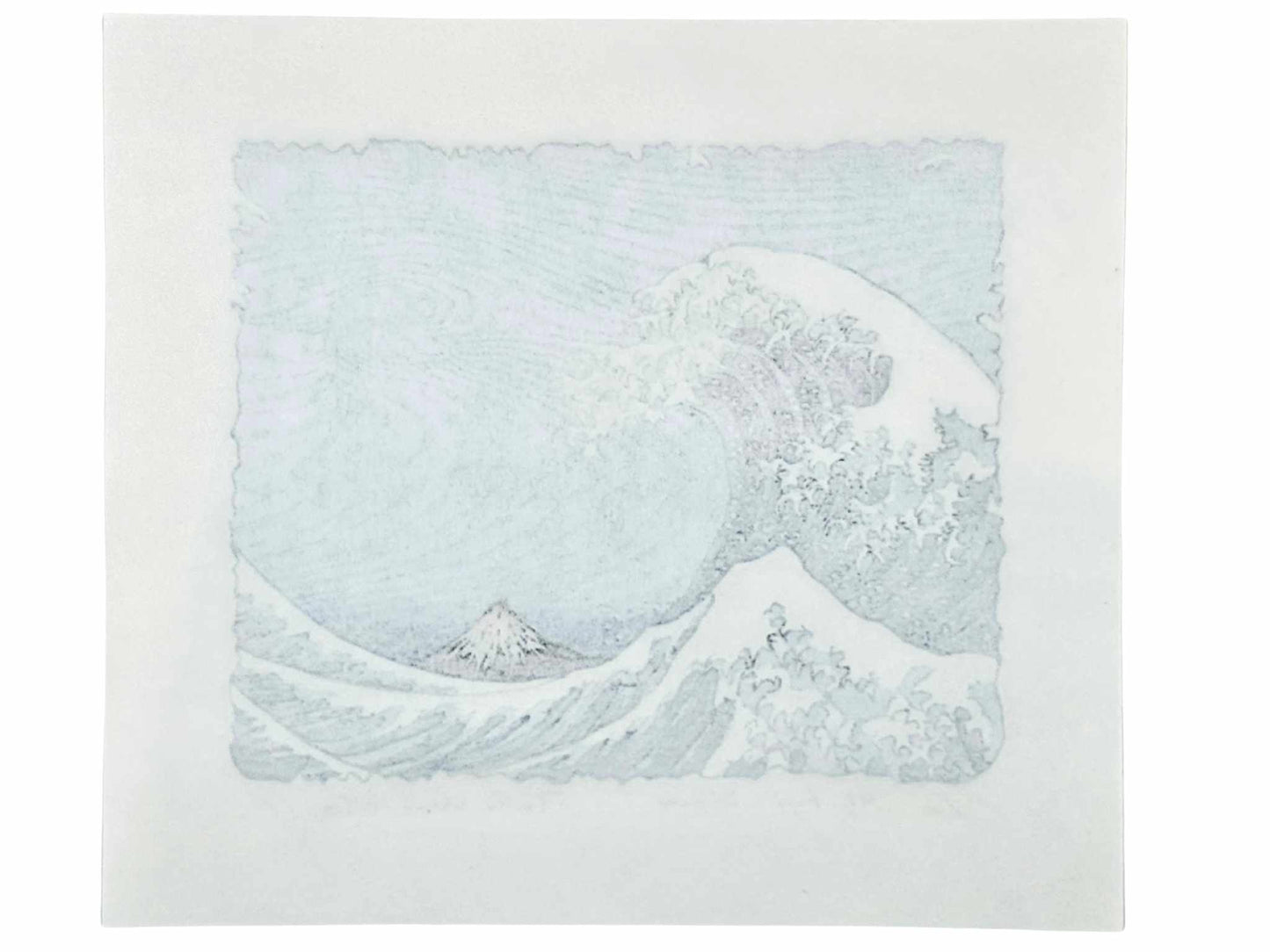 Estampe Japonaise de Kinoshita Taika en hommage à la Grande Vague de Hokusai représentant une immense vague menaçante prête à s'abattre sur le mont Fuji, le verso