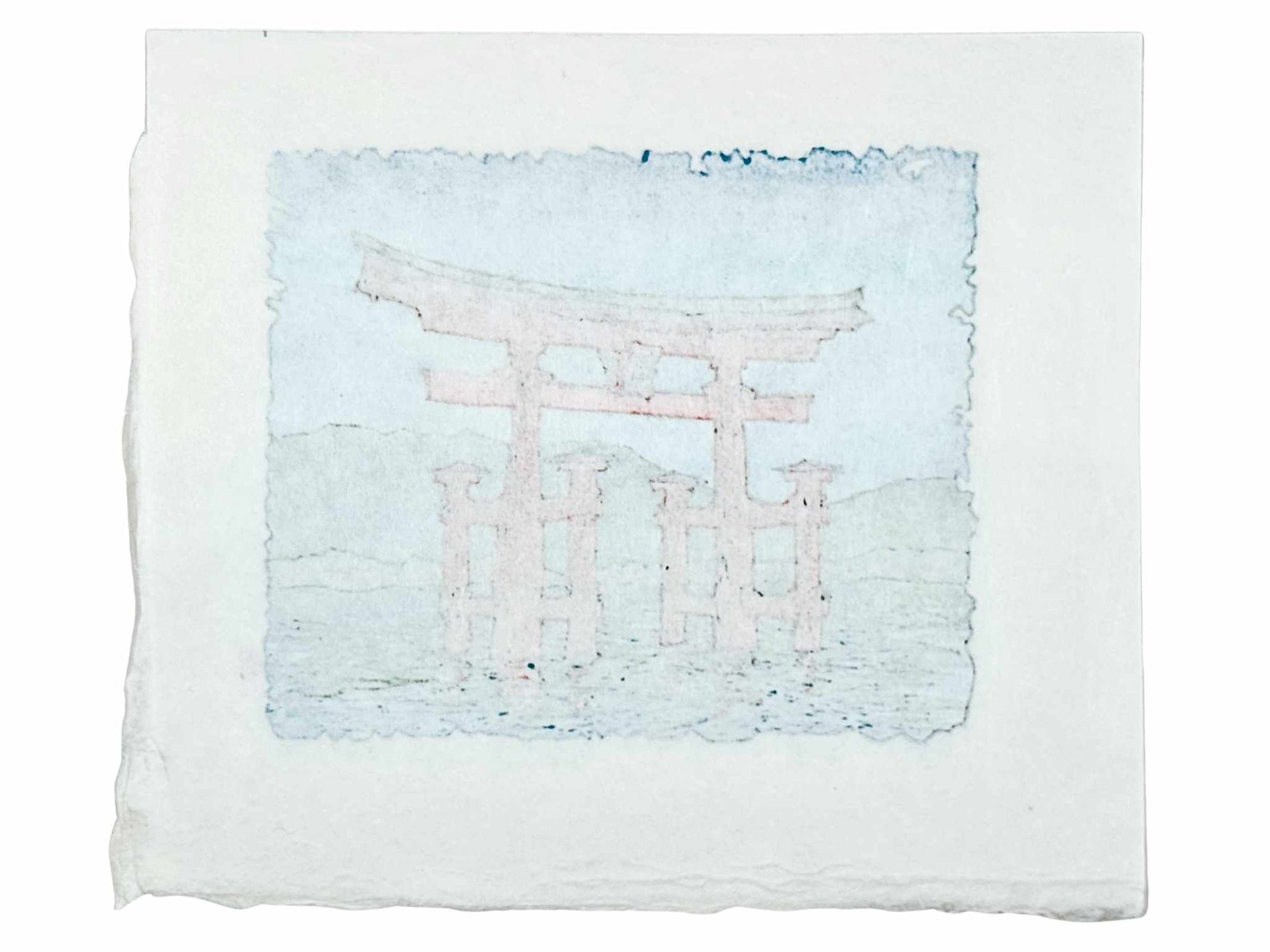 Estampe Japonaise en petit format de Kinoshita Taika représentant le grand torii du sanctuaire Itsukushima-jinja à Miyajima, le verso