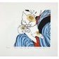 Estampe Japonaise de Kinoshita Taika hommage à Yoshitoshi dans laquelle une beauté en kimono câline un chat au regard rieur