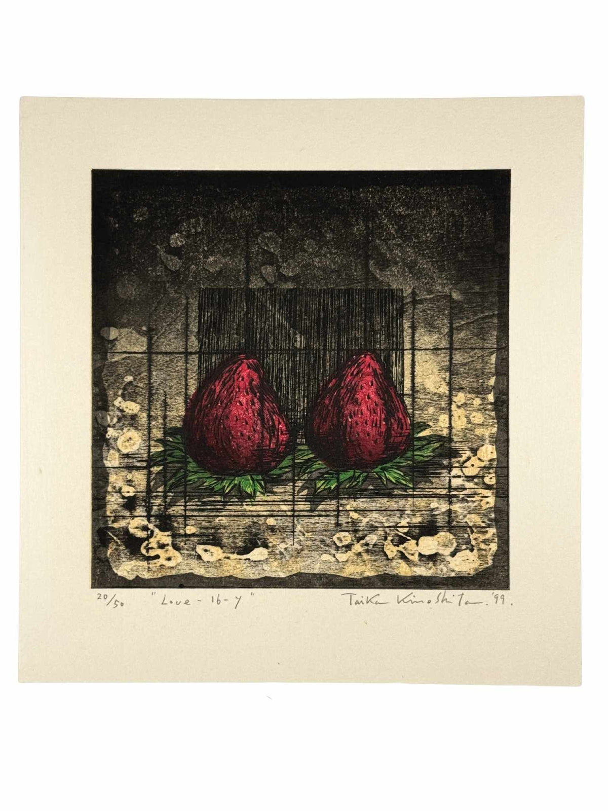 Estampe Japonaise de Kinoshita Taika représentant deux fraises sur un fond géométrique et comme éclaboussé de peinture