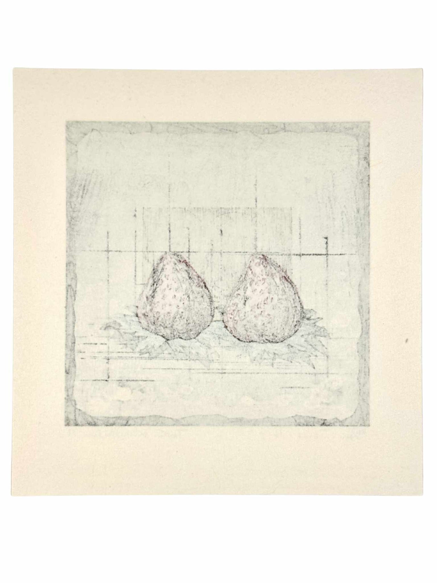 Estampe Japonaise de Kinoshita Taika représentant deux fraises sur un fond géométrique et comme éclaboussé de peinture, le verso