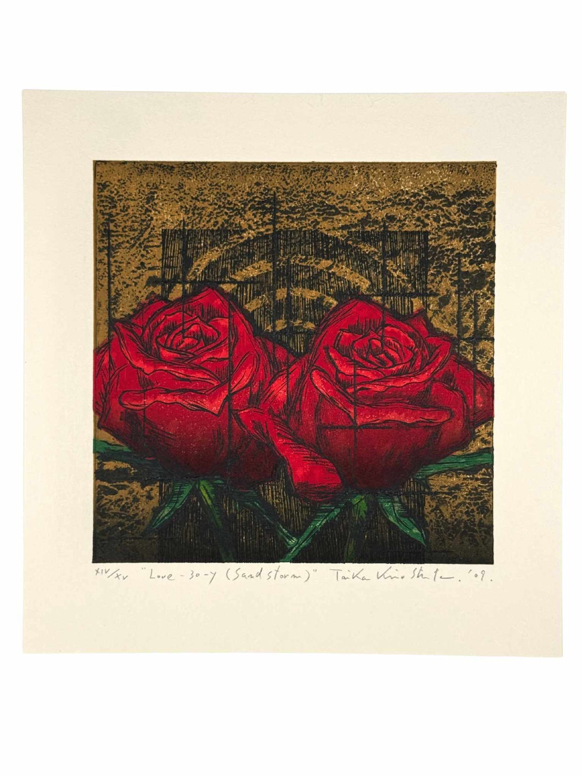 Estampe Japonaise de Kinoshita Taika représentant deux roses rouges devant un motif évoquant une tempête de sable