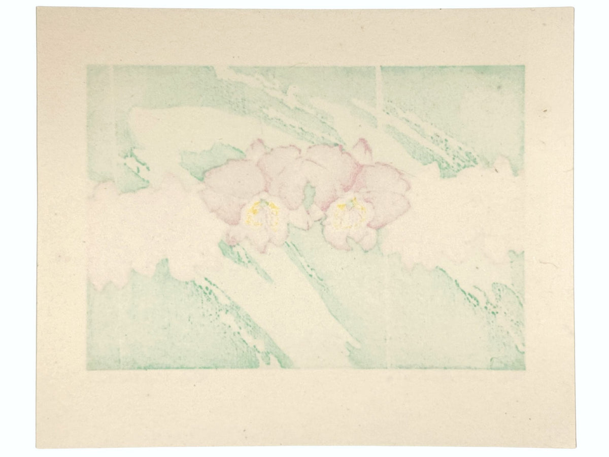 Estampe Japonaise de Kinoshita Taika représentant deux orchidées cattleya roses sur fond vert d'eau, le verso