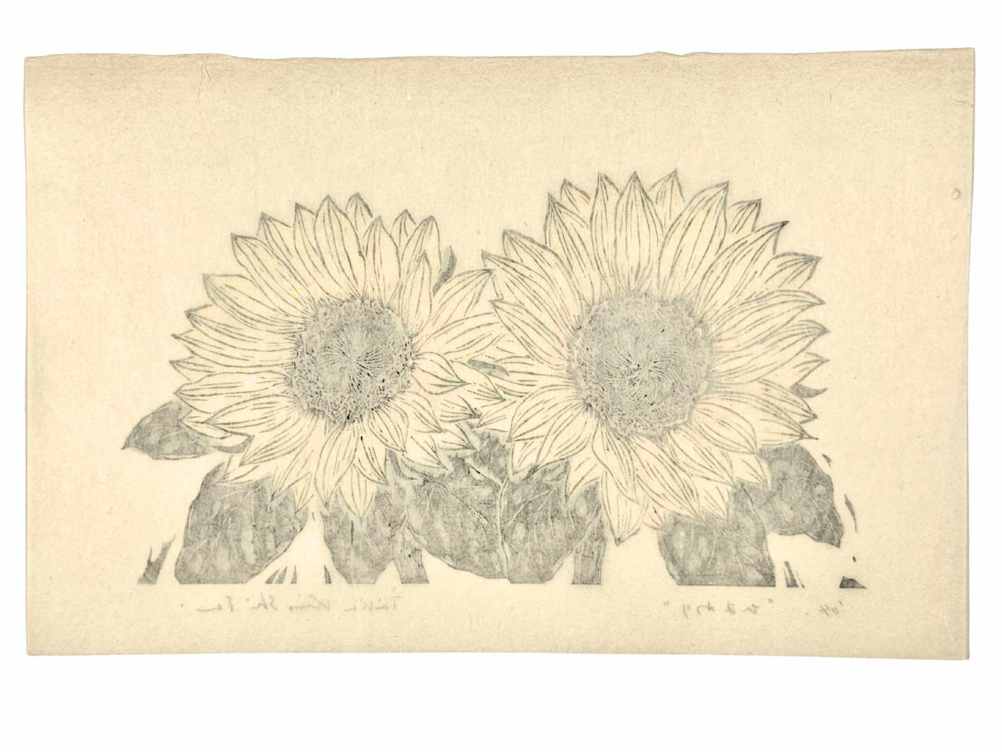 Estampe Japonaise de Kinoshita Taika représentant deux tournesols peints, le verso