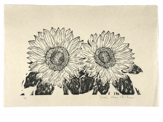 Estampe Japonaise en noir et blanc de Kinoshita Taika représentant deux tournesols