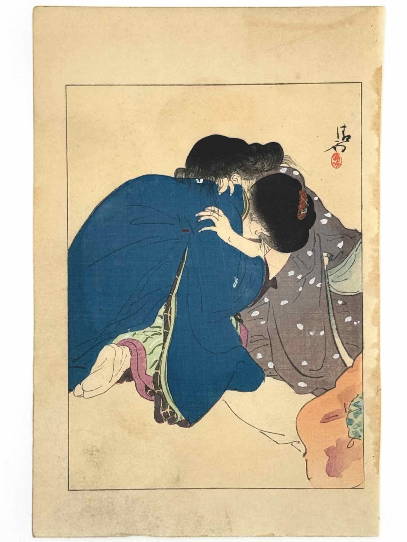 estampe japonaise de Kiyokata, deux femmes les bras l'une dans l'autre