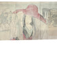 estampe japonaise en triptyque de Kiyochika Kobayashi, portrait de femme avec chapeau orange en gros plan, le verso