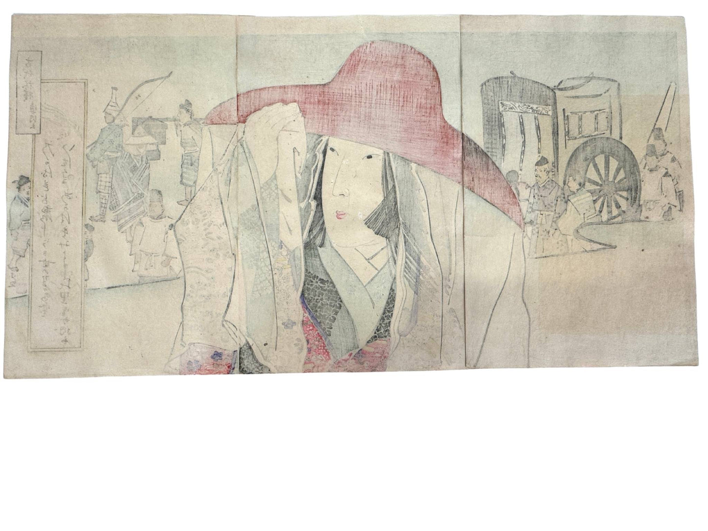 estampe japonaise en triptyque de Kiyochika Kobayashi, portrait de femme avec chapeau orange en gros plan, le verso