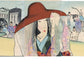 estampe japonaise en triptyque de Kiyochika Kobayashi, portrait de femme avec chapeau orange en gros plan, scène époque Heian dans la fond
