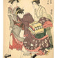 Estampe Japonaise de Torii Kiyonaga représentant deux courtisanes de Tachibana-chо̄ et leur servante prises dans une bourrasque de vent