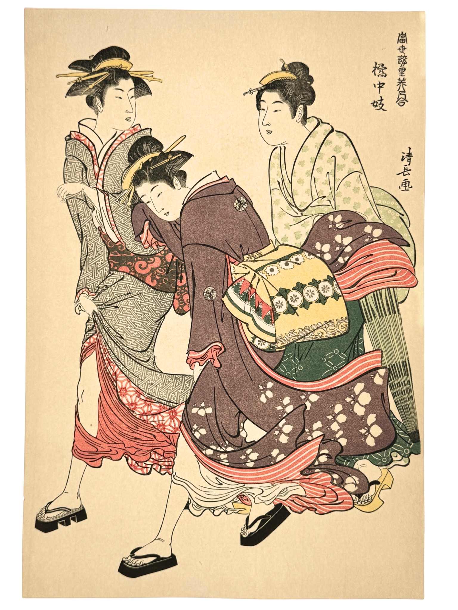 Estampe Japonaise de Torii Kiyonaga représentant deux courtisanes de Tachibana-chо̄ et leur servante prises dans une bourrasque de vent