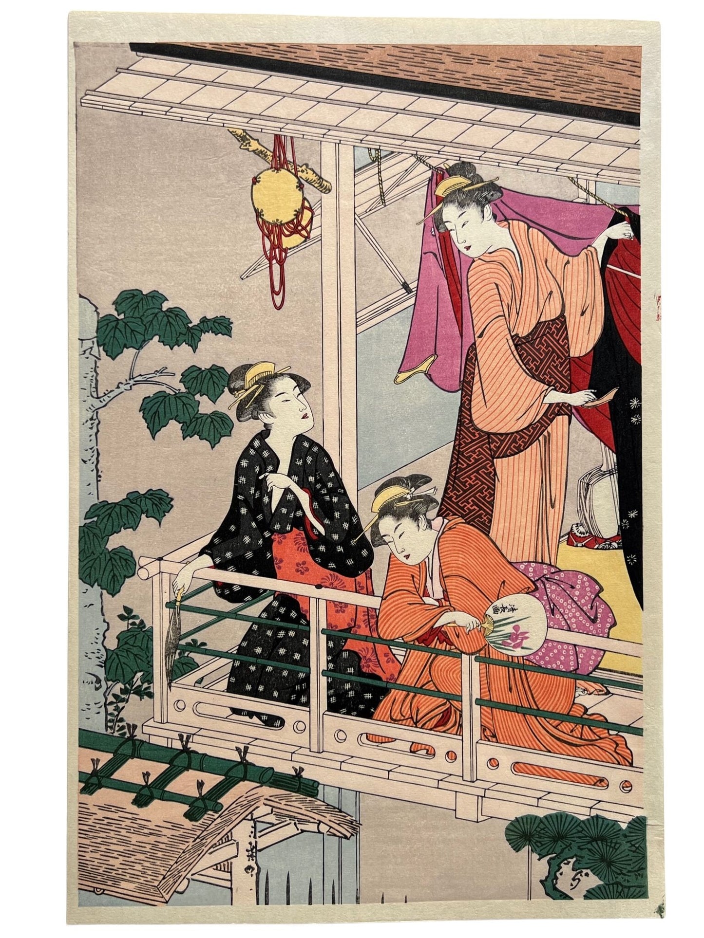 estampe japonaise trois femmes en kimono traditionel sur un balcon