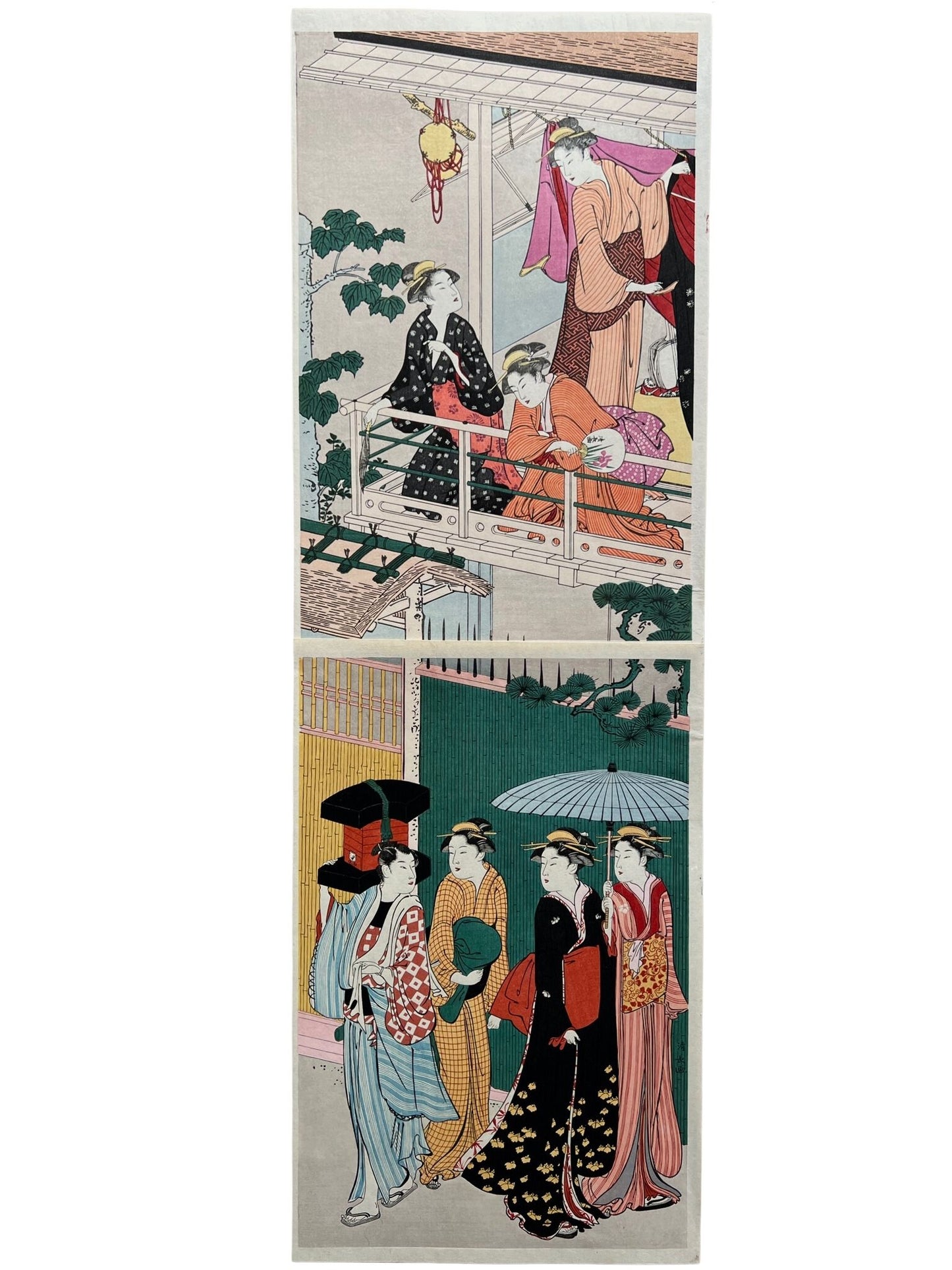 Estampe Japonaise Encadrée de Kiyonaga Torii | Jeunes Femmes au balcon