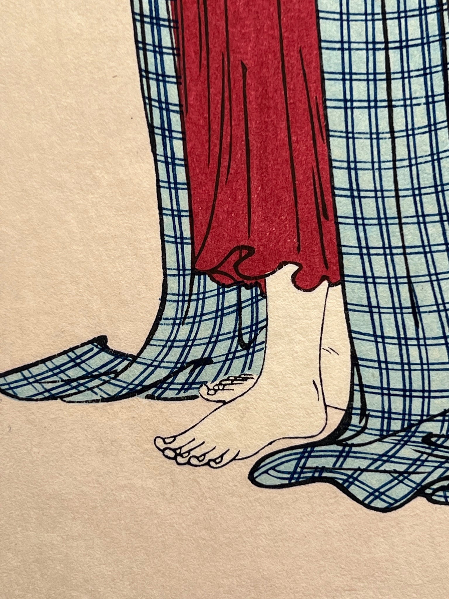 Estampe japonaise de Torii Kiyonaga représentant trois femmes à leur toilette dans les bains publics, détail des pieds