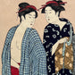 Estampe japonaise de Torii Kiyonaga représentant trois femmes à leur toilette dans les bains publics, détail des deux femmes debout