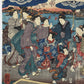 Estampe Japonaise triptyque de Kuniyoshi représentant des femmes en kimono contemplant les cerisiers en fleurs au bord de la rivière Sumida devant le torii du sanctuaire Mimeguri, détail du panneau de gauche avec signature