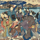 Estampe Japonaise triptyque de Kuniyoshi représentant des femmes en kimono contemplant les cerisiers en fleurs au bord de la rivière Sumida devant le torii du sanctuaire Mimeguri, détail du panneau central
