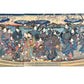 Estampe Japonaise triptyque de Kuniyoshi représentant des femmes en kimono contemplant les cerisiers en fleurs au bord de la rivière Sumida devant le torii du sanctuaire Mimeguri