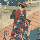 Estampe Japonaise triptyque de Kuniyoshi représentant des courtisanes sous la neige, habillées de kimonos colorés, et un seigneur accompagné d'un chat blanc et d'un coucou, détail d'une beauté en rouge sur la terrasse